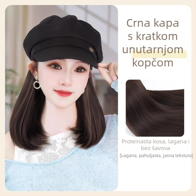 Šešir-peruka sve-u-jednom: dugačka kovrčava kosa, korejski stil, djelomično ručno tkanje, proteinsko svilo, pogodno za bojanje i trajnu