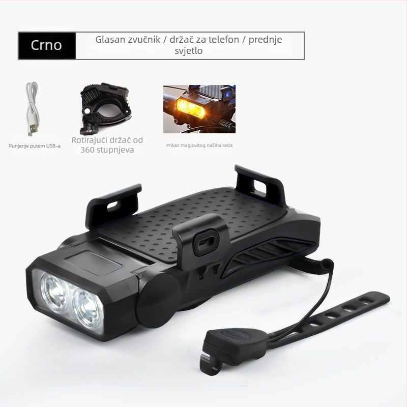 Prednje svjetlo za bicikl 4-u-1 s držačem za telefon, zvučnikom i USB bankom energije