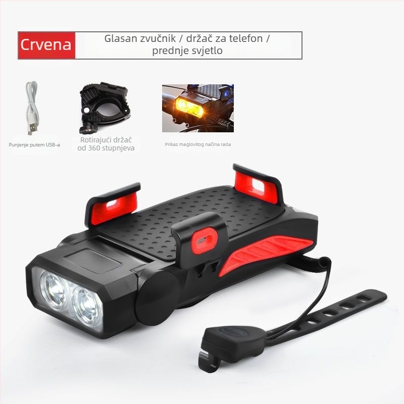 Prednje svjetlo za bicikl 4-u-1 s držačem za telefon, zvučnikom i USB bankom energije