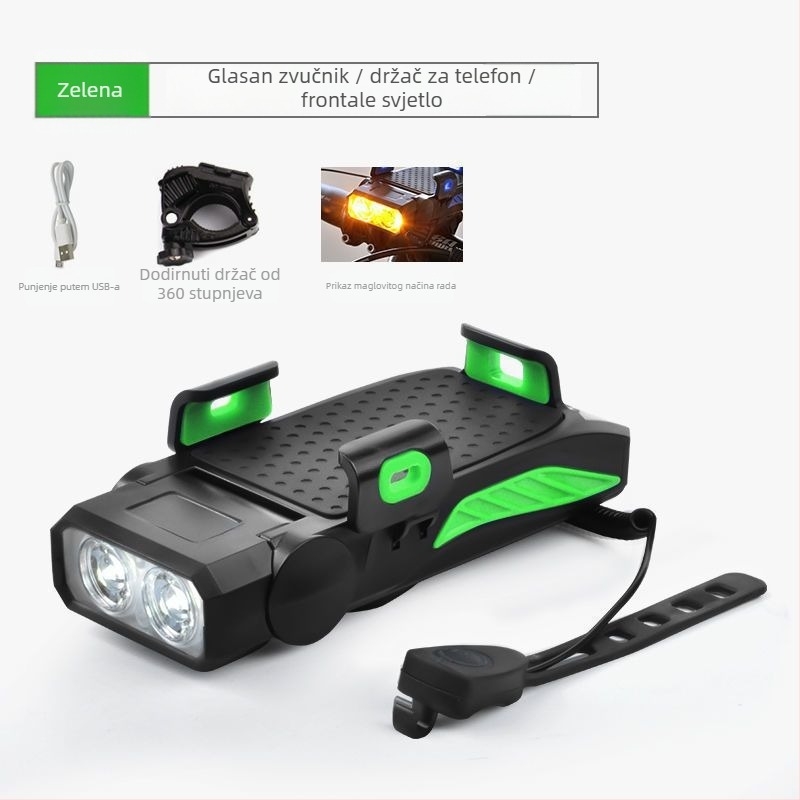 Prednje svjetlo za bicikl 4-u-1 s držačem za telefon, zvučnikom i USB bankom energije