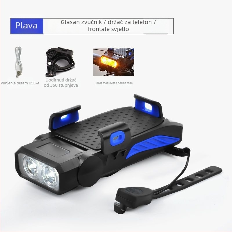 Prednje svjetlo za bicikl 4-u-1 s držačem za telefon, zvučnikom i USB bankom energije