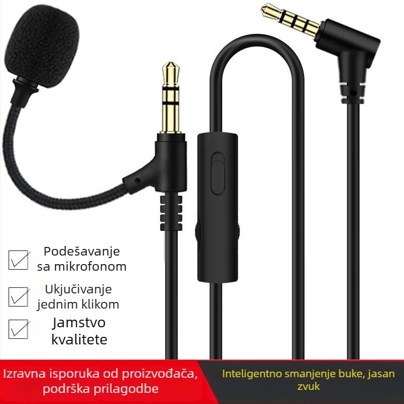 3,5 mm audio kabel sa mikrofonom za igranje, konferencije i online nastavu — zlatni kontakti, bakar bez oksidacije, jezgra od čistog bakra, jedan gumb za utišavanje mikrofona