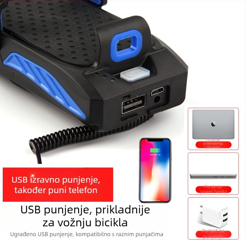 Četiri u jedan biciklističko svjetlo: prednje svjetlo, držač za telefon, sirena i ugrađeni punjač, 360° rotacija