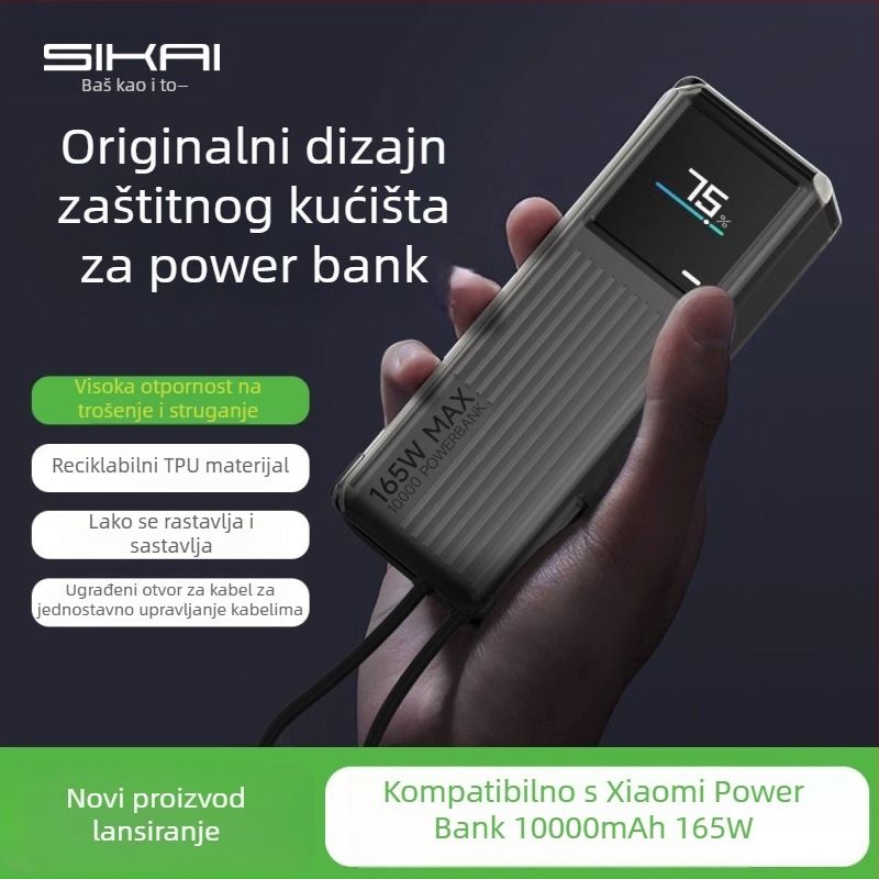 TPU zaštitni kućište za Xiaomi 165W power bank s ugrađenim kabelom, proziran dizajn, kapacitet 10000mAh, otporan na padove, težina 100g