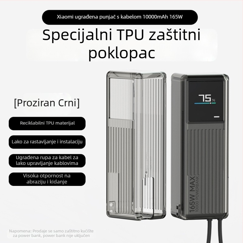 TPU zaštitni kućište za Xiaomi 165W power bank s ugrađenim kabelom, proziran dizajn, kapacitet 10000mAh, otporan na padove, težina 100g