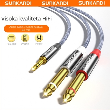Sunkandi Av302 Audio kabel — 3,5 mm na dualni 6,5 mm, 1→2 muški, zlatno premazani konektori, bakreno jezgro bez kisika