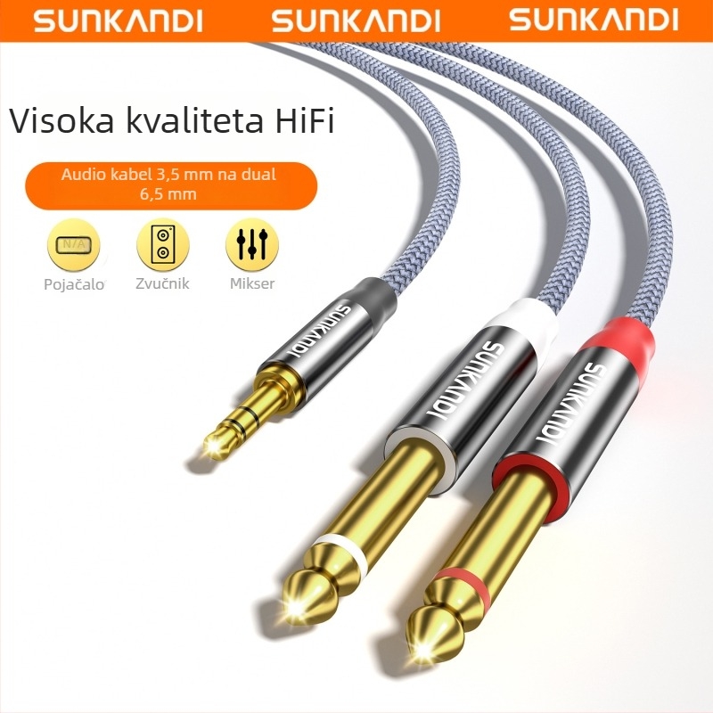Sunkandi Av302 Audio kabel — 3,5 mm na dualni 6,5 mm, 1→2 muški, zlatno premazani konektori, bakreno jezgro bez kisika