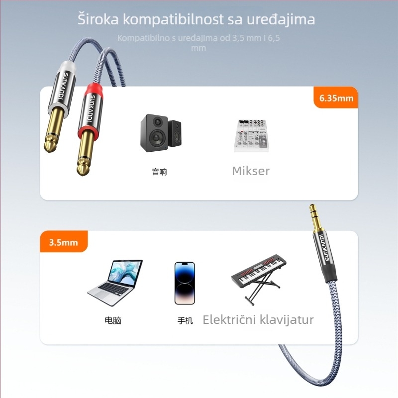 Sunkandi Av302 Audio kabel — 3,5 mm na dualni 6,5 mm, 1→2 muški, zlatno premazani konektori, bakreno jezgro bez kisika