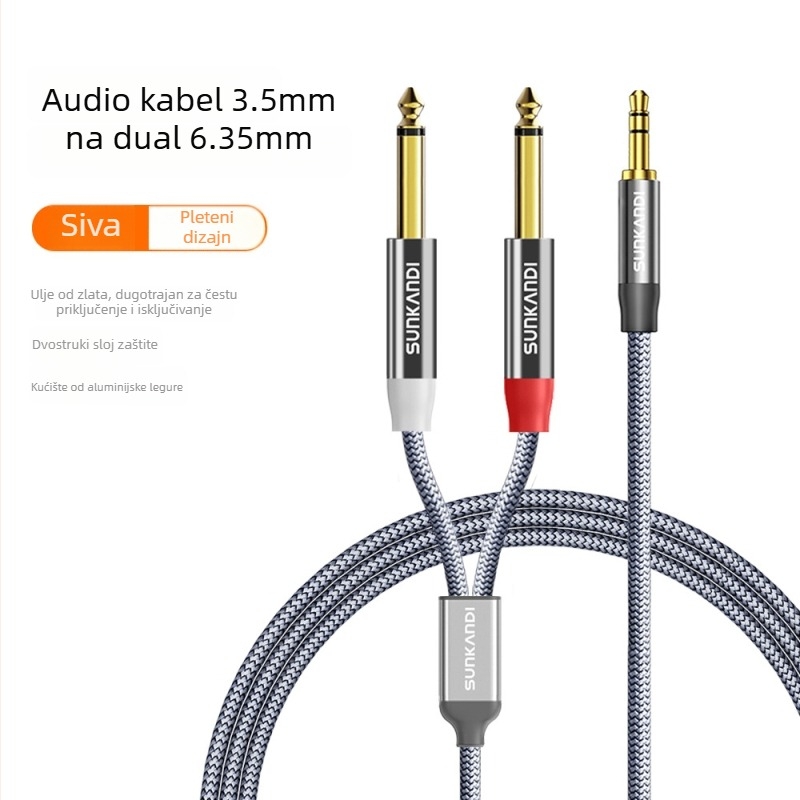 Sunkandi Av302 Audio kabel — 3,5 mm na dualni 6,5 mm, 1→2 muški, zlatno premazani konektori, bakreno jezgro bez kisika