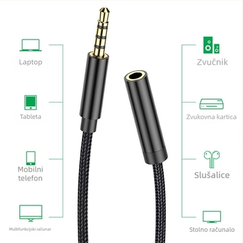 Produžni kabel za 3,5 mm, 4-žilni, pozlaćeni konektori, muško-ženski, bakar vodič za digitalne uređaje