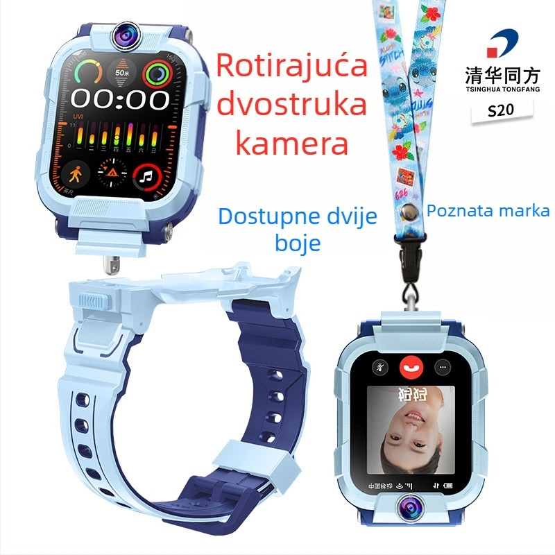 Dječji pametni sat s 360° rotirajućim dvostrukim kamerama, 4G/5G povezanost, vodootporan, trajanje baterije 7–14 dana, silikonni remen