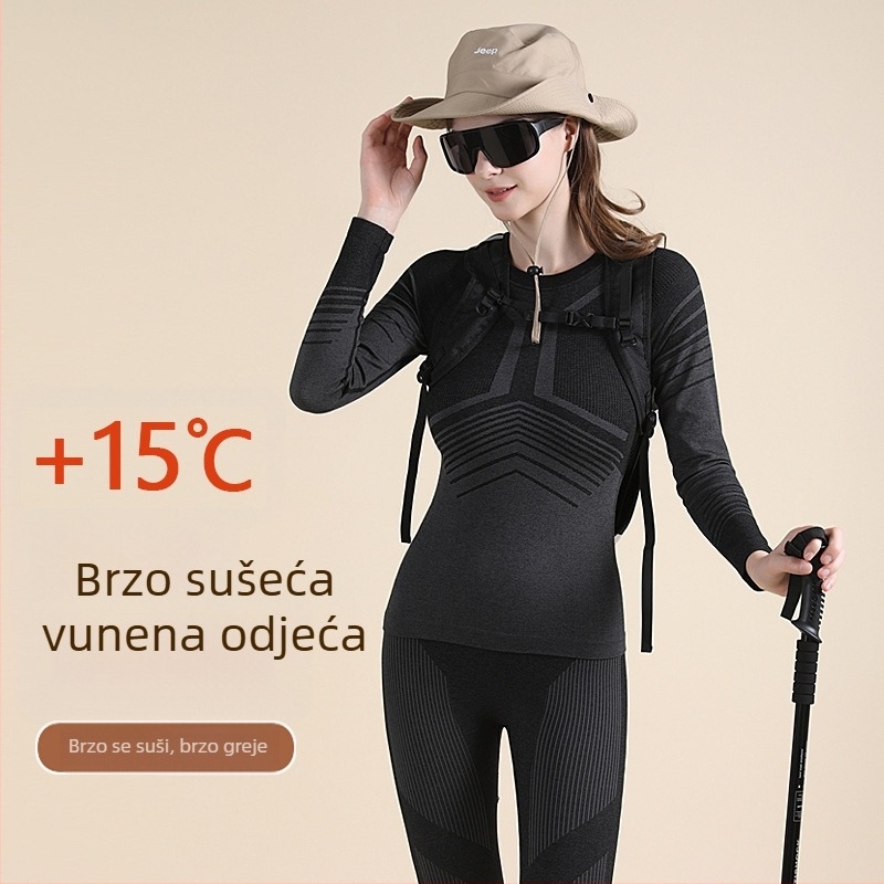 Brzo sušeći termalni komplet za jesen i zimu, vlakna s udjelom vune u smjesi, unisex sportski set za bazni sloj, održava toplinu, pogodan za trčanje, vožnju biciklom i planinarenje.