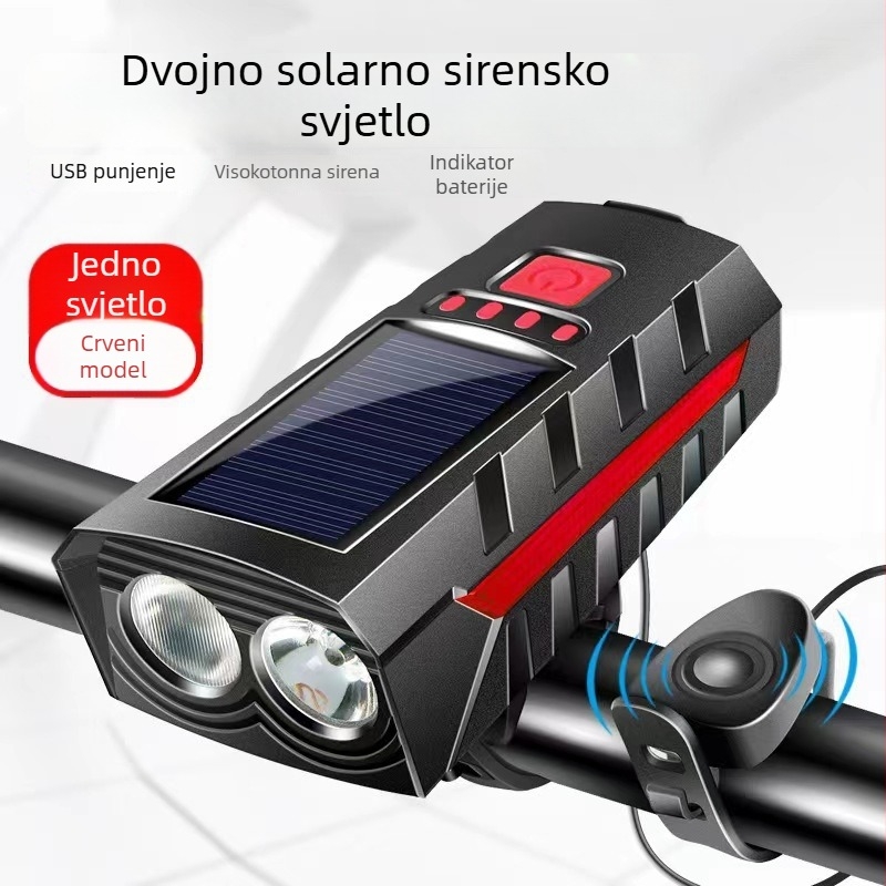 Solarna dvostruki zvučni rog za bicikl s prednjim svjetlom, USB punjenje, visokodecibelni upozoravajući zvuk