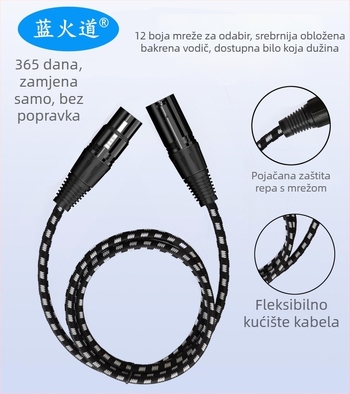 XLR audio kabel muški–ženski za mikrofon, Blue Fire Road, niklani završetak, pleteni bakreni vodič bez kisika, ROHS