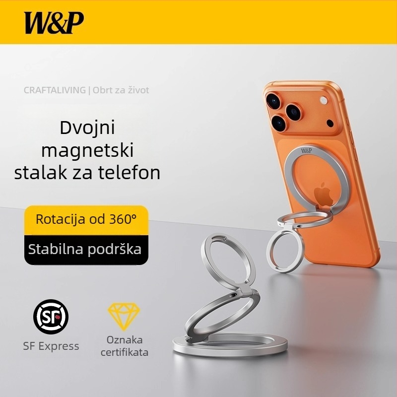 W&P magnetski držač za telefon s dvostrukim prstenom, 360° rotirajući prsten, MagSafe stražnja pločica, izrađeno od legure