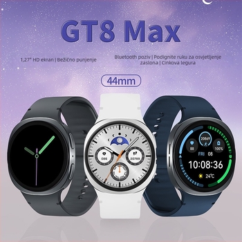 GT8Max pametni sat s okvirom od cinkovog legura i okruglim brojčanikom; zdravstveni senzori: srčani ritam, krvni tlak, SpO2, praćenje sna; 1,26-inčni TFT zaslon; trajanje baterije 7–14 dana; bežično punjenje; Bluetooth