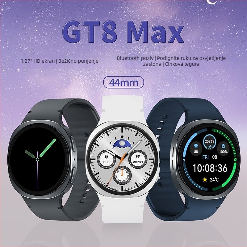 GT8Max pametni sat s okvirom od cinkovog legura i okruglim brojčanikom; zdravstveni senzori: srčani ritam, krvni tlak, SpO2, praćenje sna; 1,26-inčni TFT zaslon; trajanje baterije 7–14 dana; bežično punjenje; Bluetooth
