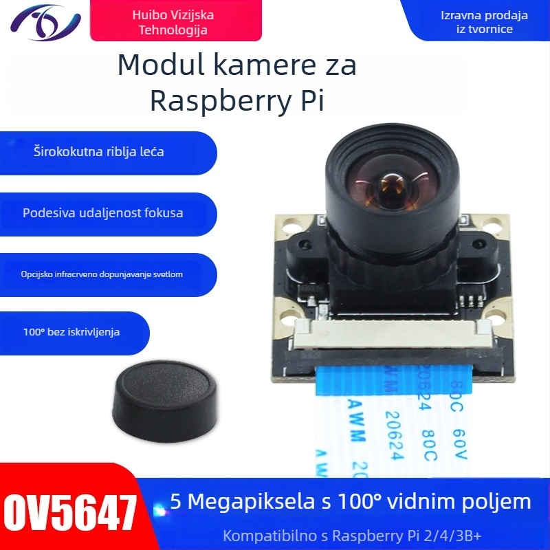 HD kamera za Raspberry Pi s OV5647 5MP senzorom, rezolucija 2592x1944 pri 30fps, 100° bez izobličenja, CSI sučelje, ručno fokusiranje
