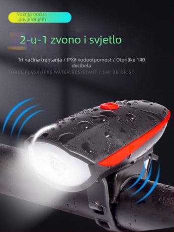 Prednje svjetlo za bicikl visoke svjetline za noćnu vožnju, kompatibilno s planinskim biciklima, uz zvono i električni rog