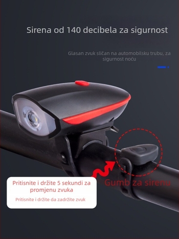 Prednje svjetlo za bicikl visoke svjetline za noćnu vožnju, kompatibilno s planinskim biciklima, uz zvono i električni rog