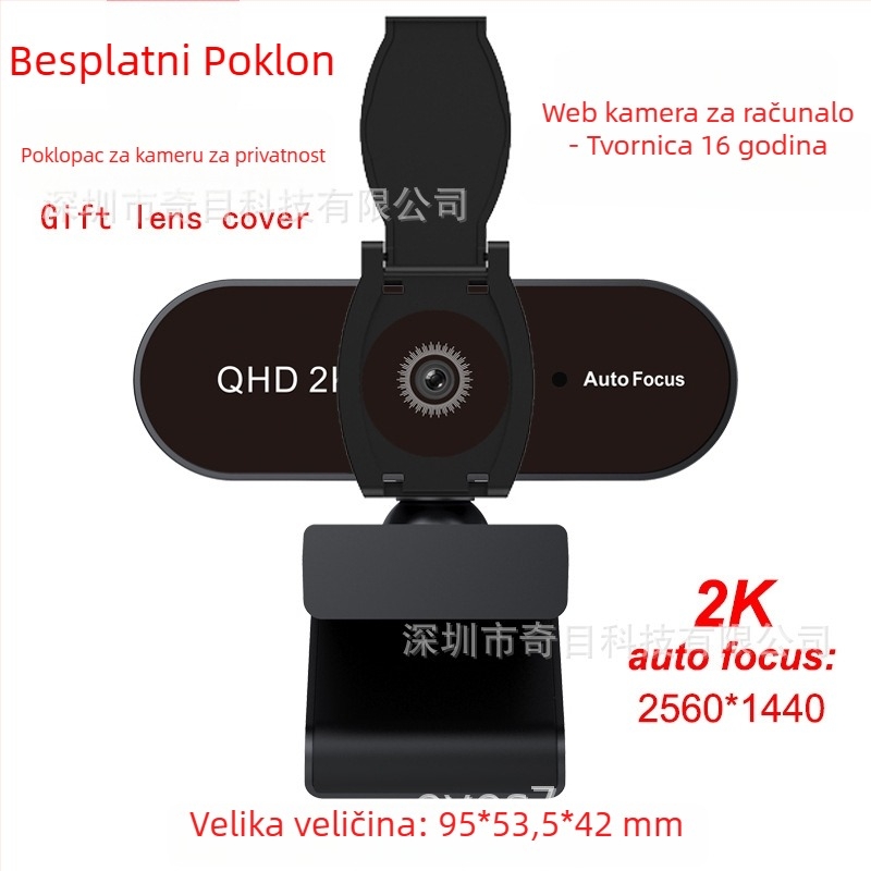 USB web kamera s ugrađenim mikrofonom i poklopcem leće, 2560×1440 pri 30fps, USB 2.0
