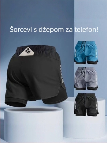Sportske šorceve s dvostrukim slojem protiv trenja, brzo sušeća tkanina, prozračna, visoka elastičnost, elastični pojas sa vezicom