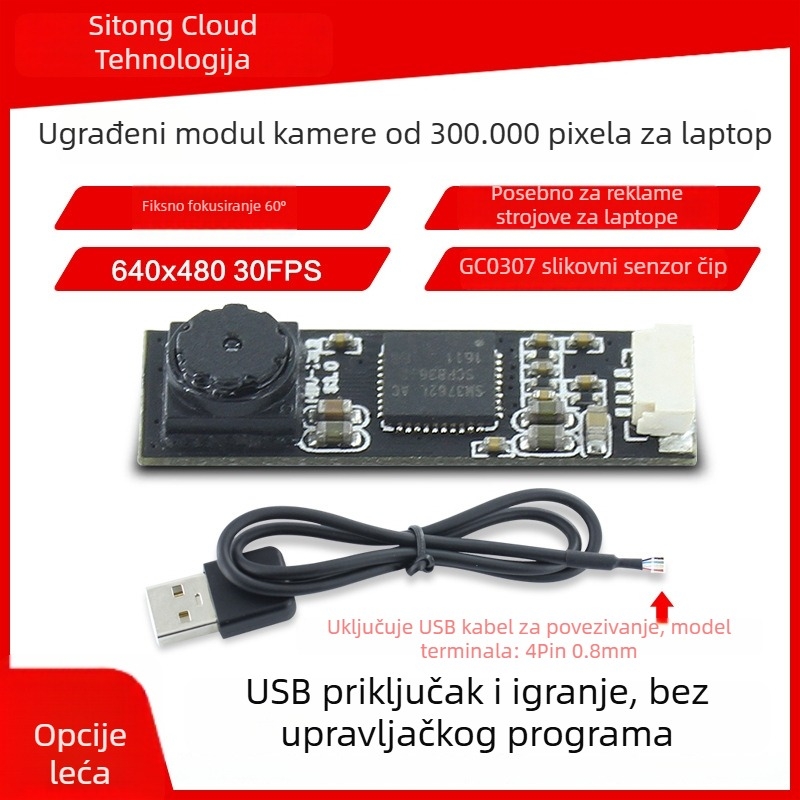 HBV1319 USB kamera modul, bez upravljačkog programa, GC0307 senzor 0.3MP, 640x480 @30fps, USB 2.0, fiksni fokus