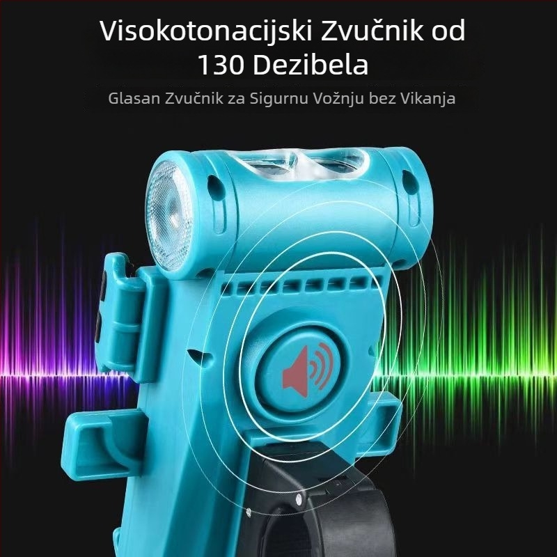 Cestovna biciklistička svjetla s integriranim zvučnikom i držačem za telefon, USB-C punjenje, dvostruki T6 LED, baterija 2000/3500 mAh