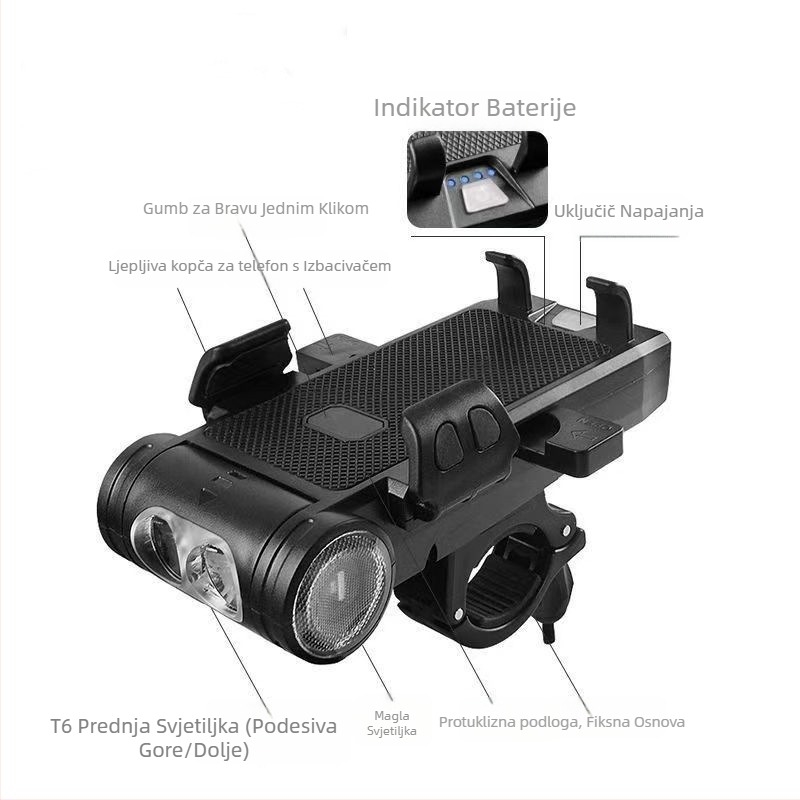 Cestovna biciklistička svjetla s integriranim zvučnikom i držačem za telefon, USB-C punjenje, dvostruki T6 LED, baterija 2000/3500 mAh