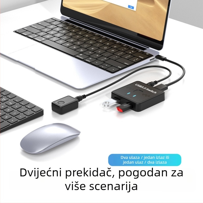 USB 3.0 dvodirekcijski prekidač za dijeljenje jednog USB uređaja između dvaju računala, 2 ulaza/1 izlaz, 1,2 m kabel, model LYL-SW301, kompatibilan s Windows 7–11