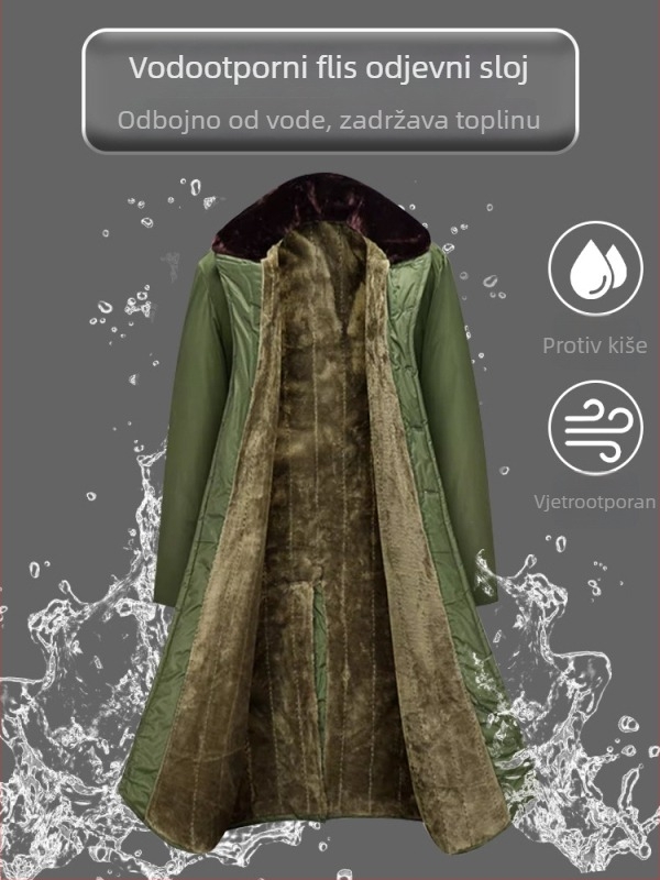 Dugi zimski vojni kaput, s flis podstavom, poliesterska tkanina, vodootporan i otporan na vjetar, unisex (Poliester; Vodootporan; Otporan na vjetar; Flis podstava; Unisex)