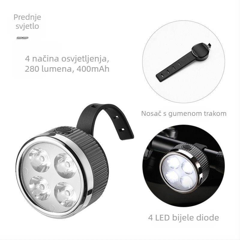Prednje i stražnje svjetlo za bicikl, USB-C punjenje, 400 mAh baterija, montiranje trakom, za noćnu vožnju