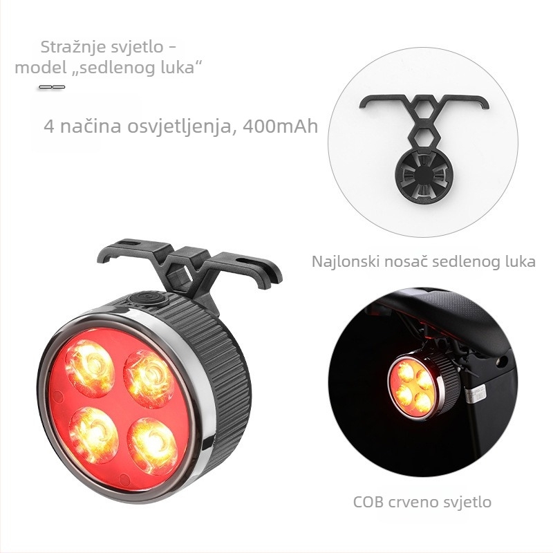 Prednje i stražnje svjetlo za bicikl, USB-C punjenje, 400 mAh baterija, montiranje trakom, za noćnu vožnju