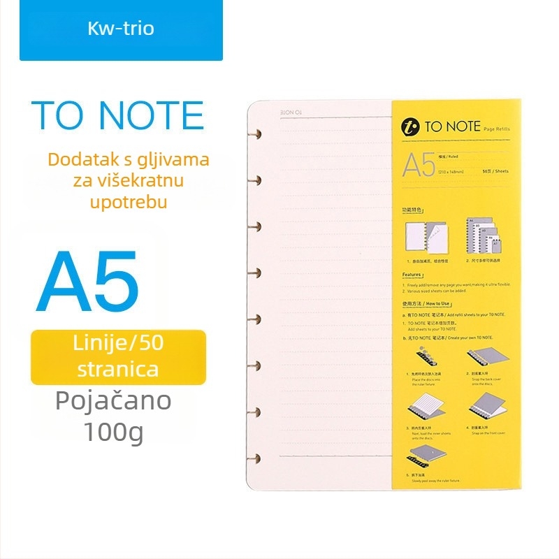 Zamjena unutarnjeg jezgra za bilježnicu s gljivičnim rupama Kw-trio/kedeyou 07910R, Refill za listove, Papir, 50 listova