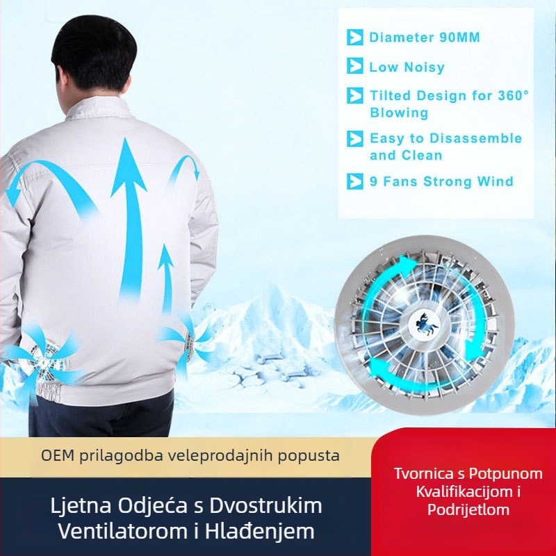 Muška jakna za hlađenje s ugrađenim ventilatorom za rad na otvorenom, pamuk tkanina 90%, poliester podstava, ljeto 2024 izdanje