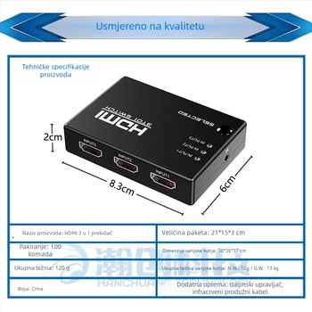 HDMI video prekidač, 3 ulaza 1 izlaz, infracrveno daljinsko upravljanje, 1080P, model HW-HD301H