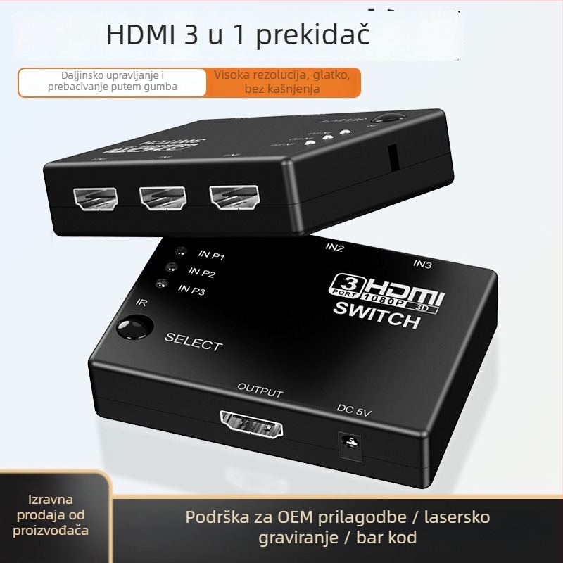 HDMI video prekidač, 3 ulaza 1 izlaz, infracrveno daljinsko upravljanje, 1080P, model HW-HD301H