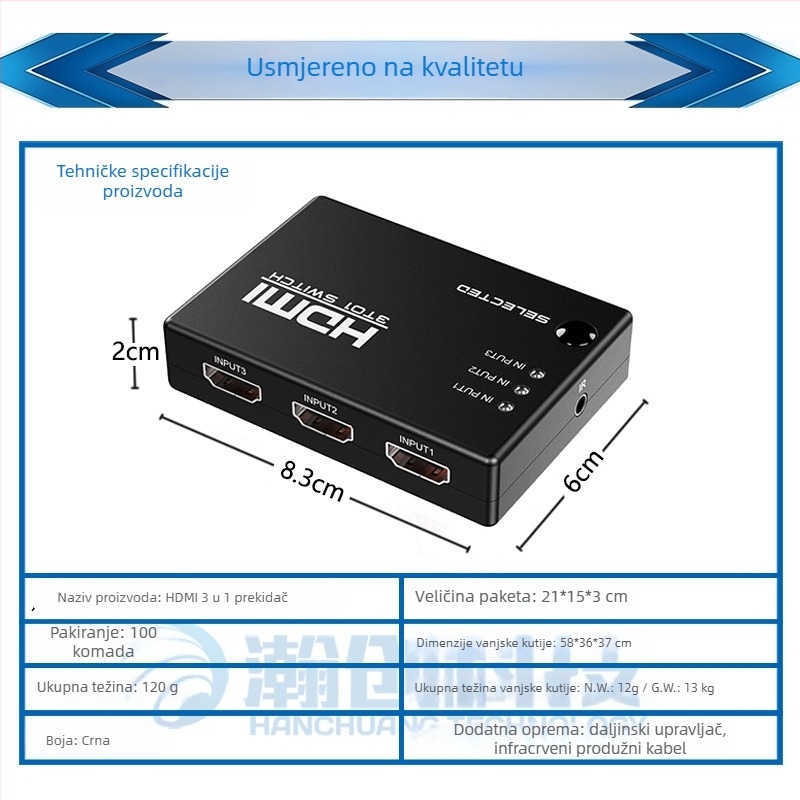 HDMI video prekidač, 3 ulaza 1 izlaz, infracrveno daljinsko upravljanje, 1080P, model HW-HD301H