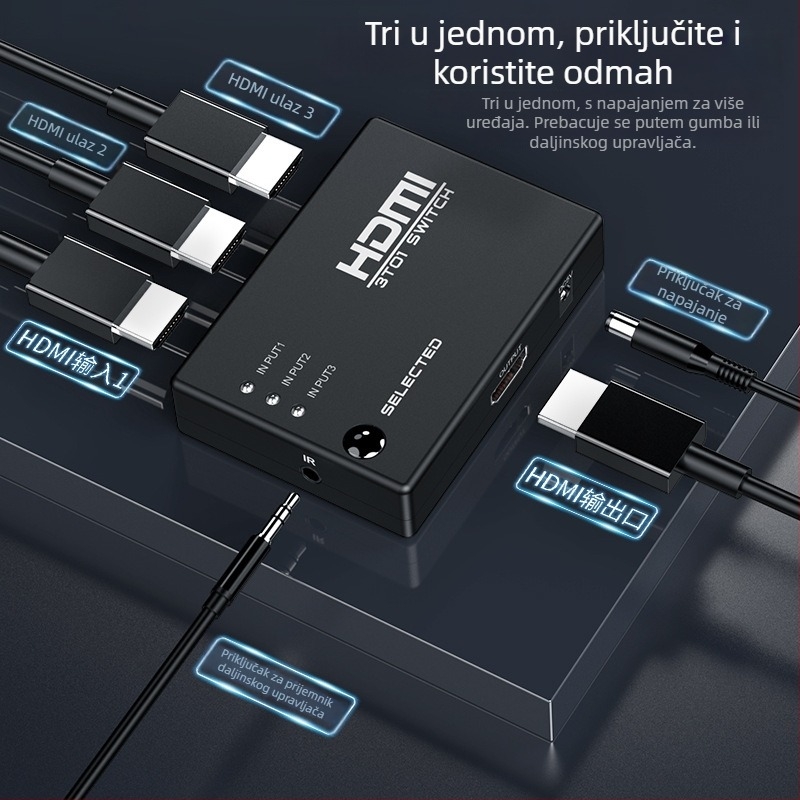 HDMI video prekidač, 3 ulaza 1 izlaz, infracrveno daljinsko upravljanje, 1080P, model HW-HD301H