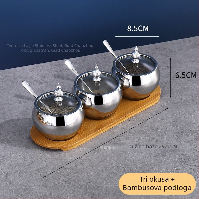 Ledger set posuda za začine od 304 nehrđajućeg čelika s bambusovim držačem i staklenim posudicama za začine, mogućnost tiska logotipa