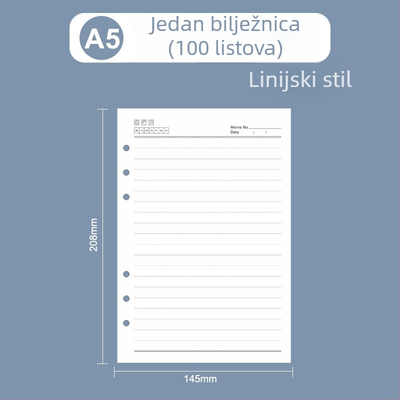Loose-leaf unutarnji jezgra za bilježnicu: stranice s mrežom i Cornell stilom linija, 6 ili 9 rupa, 100/96 listova, logo tiskano, mogućnost prilagodbe