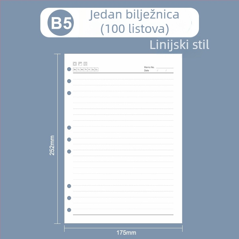 Loose-leaf unutarnji jezgra za bilježnicu: stranice s mrežom i Cornell stilom linija, 6 ili 9 rupa, 100/96 listova, logo tiskano, mogućnost prilagodbe