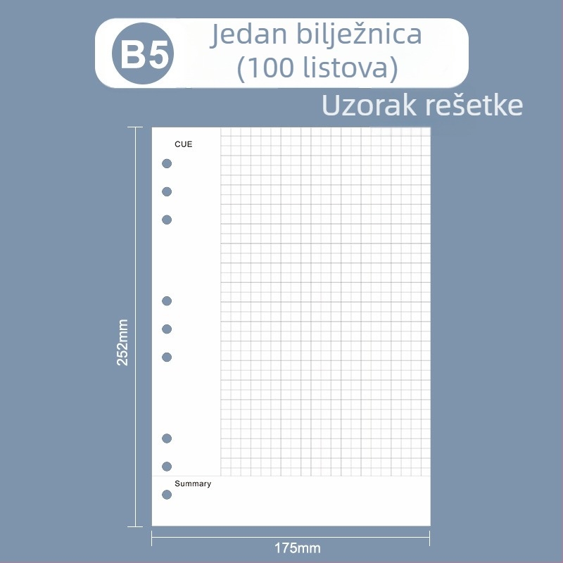 Loose-leaf unutarnji jezgra za bilježnicu: stranice s mrežom i Cornell stilom linija, 6 ili 9 rupa, 100/96 listova, logo tiskano, mogućnost prilagodbe