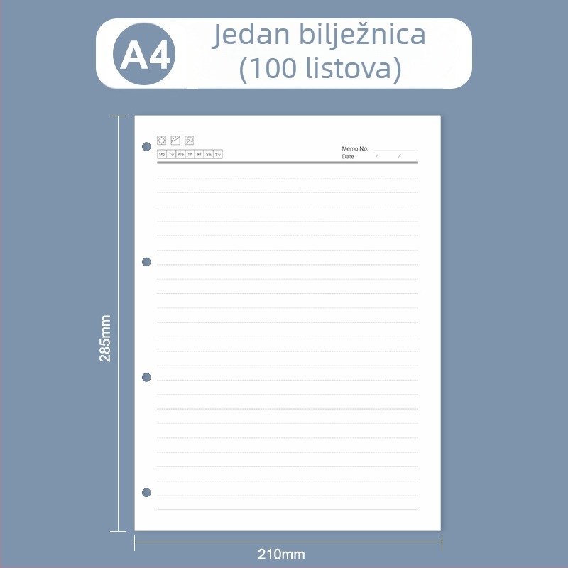 Loose-leaf unutarnji jezgra za bilježnicu: stranice s mrežom i Cornell stilom linija, 6 ili 9 rupa, 100/96 listova, logo tiskano, mogućnost prilagodbe