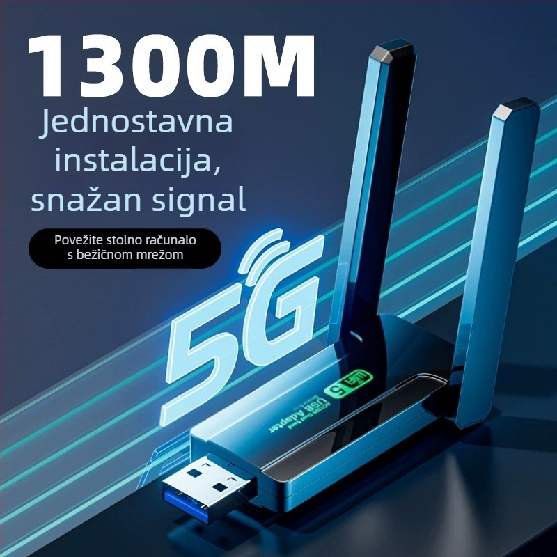 USB bežična mrežna kartica bez upravljača, dvostruko-bandna 2,4 GHz/5 GHz, do 1300 Mbps, USB sučelje, podržava 802.11b/g/n