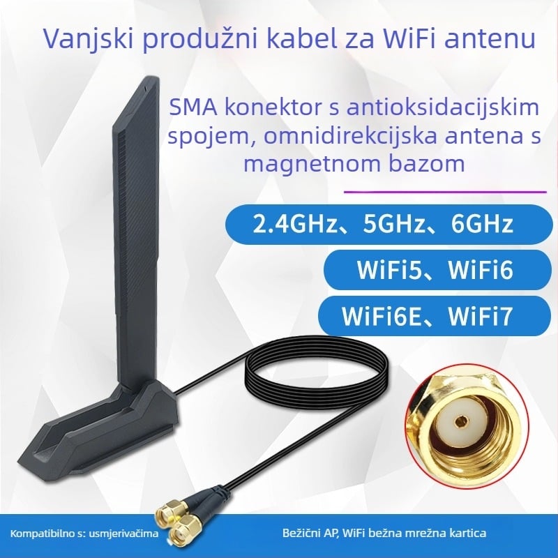 Blade 12dB savitljiva SMA antena za WiFi 6E – dvostrano/tri-band 2,4/5/6 GHz, do 5374 Mbps, Bluetooth, SMA priključak