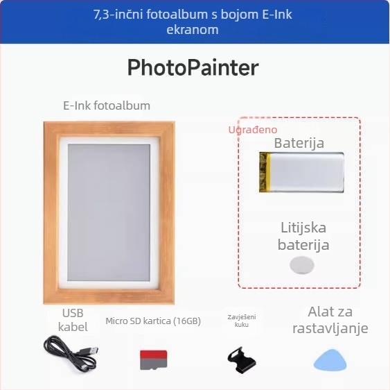 ACEP7 digitalni okvir za fotografije s E Ink zaslonom, ugrađeni RTC, okvir od masivnog drveta