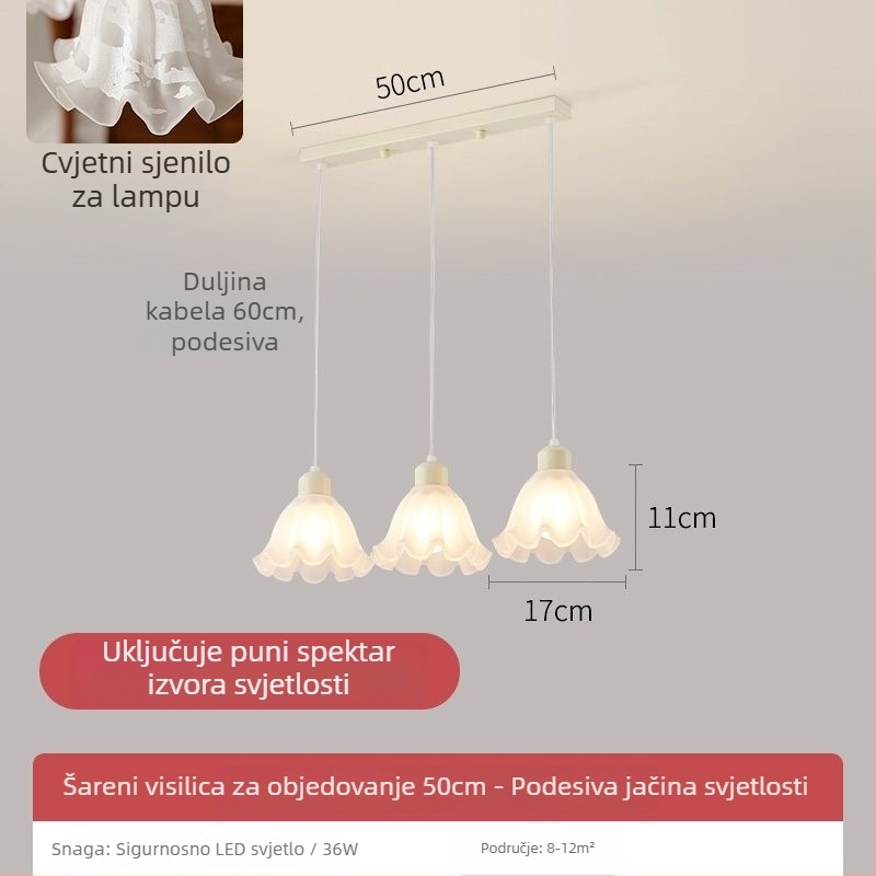 Francuski stil vintage lustre s cvjetnim matiranim kristalnim staklom, LED rasvjeta, metalno tijelo, SGS certifikat, napon ≤36V, pokriće 10–15 m²