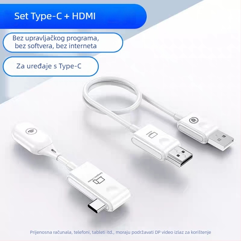 HDMI bežični projektor zaslona (HDM2) – 1080P, kompatibilno s laptopima/tabletima/telefonima, upravljanje napajanjem, kabel 60 cm