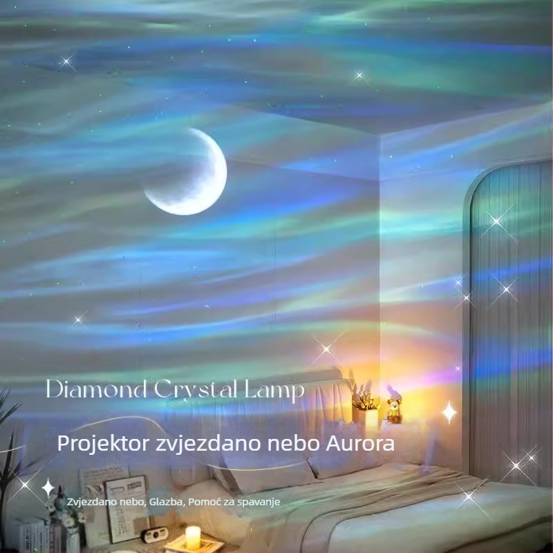 Projektor noćnog neba s aurorom i zvjezdanim nebom – noćno svjetlo, napajanje USB / ugrađena baterija / DC, Bluetooth zvuk, stolna uporaba